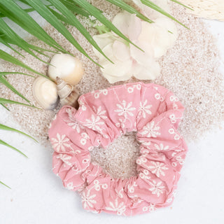 Floral Embroidered Hair Scrunchy in Light Mauve and Various Colors