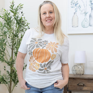 Vintage Fall Pumpkin and Retro Flowers Graphic Tee