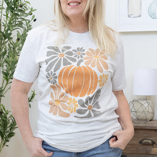 Vintage Fall Pumpkin and Retro Flowers Graphic Tee