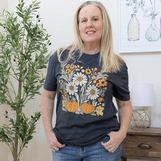 Retro Floral Harvest Field of Pumpkins Graphic Tee