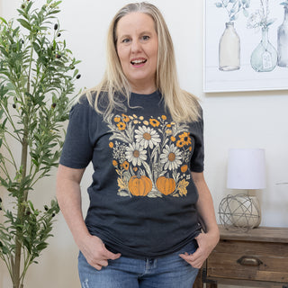 Retro Floral Harvest Field of Pumpkins Graphic Tee