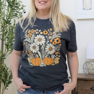 Retro Floral Harvest Field of Pumpkins Graphic Tee