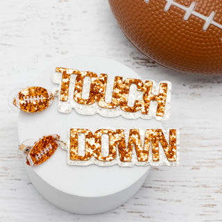 Football Touch Down Orange and White Sparkle Earrings