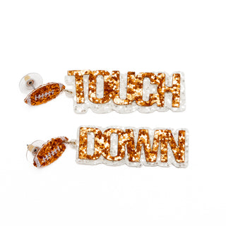 Football Touch Down Orange and White Sparkle Earrings