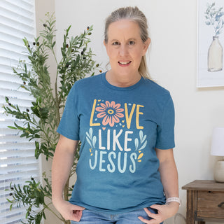 Love Like Jesus Floral Graphic Tee in Light Indigo Blue