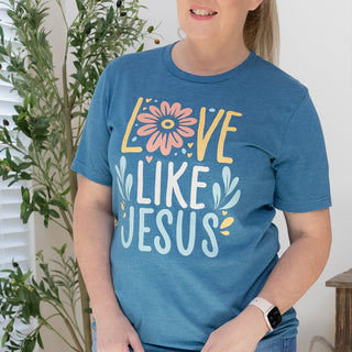 Love Like Jesus Floral Graphic Tee in Light Indigo Blue