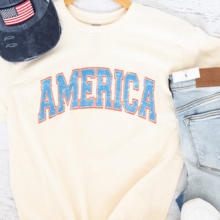 America in Classic Red & Blue Collegiate Graphic Tee