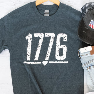 1776 Heart Graphic Tee in Vintage Dark Gray Short Sleeves