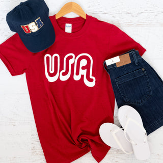 USA Graphic Tee in Brick Heather Red with Short Sleeves