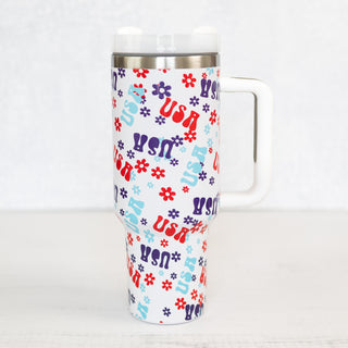 USA & Retro Flowers 40oz Stainless Steel Tumbler with Handle