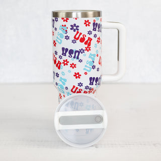USA & Retro Flowers 40oz Stainless Steel Tumbler with Handle