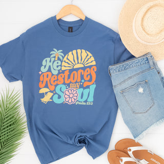 He Restores My Soul Psalm 32:3 Graphic Tee in Indigo