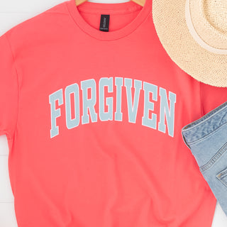 Forgiven in Collegiate Writing Candy Pink Graphic Tee