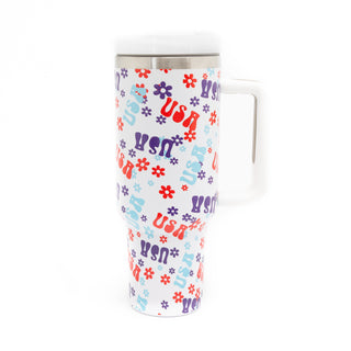 USA & Retro Flowers 40oz Stainless Steel Tumbler with Handle