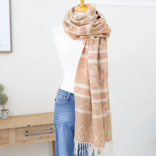 Aztec Knit Scarf Long Beige and Pink with Long Fringe Tassel Judson
