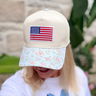 American Flag with Vintage Flowers Cream Baseball Cap