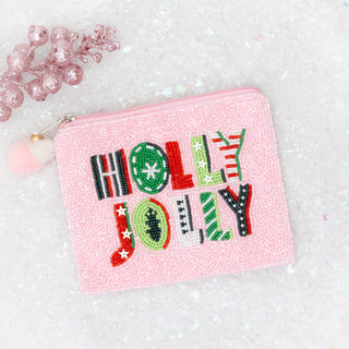 Pink Christmas Holly Jolly Coin Bag Holiday Accessory