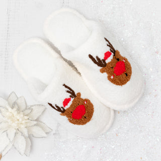 Reindeer Red Nose Cozy Slippers Slide-On Comfort in White