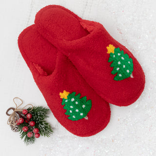 Merry Christmas Tree Cozy Slippers Slide-On Comfort in Red