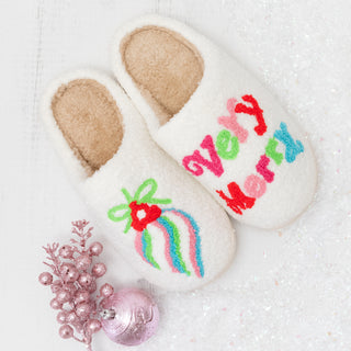 Very Merry Ornament Cozy Slippers Slide-On Comfort in White