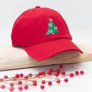 Christmas Tree Bow Ties Embroidered Baseball Cap in Red - Bennett Avenue Boutique