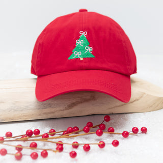Christmas Tree Bow Ties Embroidered Baseball Cap in Red - Bennett Avenue Boutique