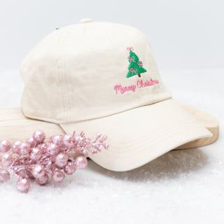 Merry Christmas Tree Bow Ties Embroidered Baseball Cap in White