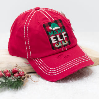 MAMA ELF Plaid Embroidered Baseball Cap in Red - Bennett Avenue Boutique
