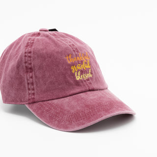 Thankful Grateful Blessed Embroidered Baseball Cap in Plum 