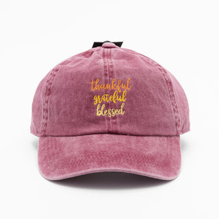Thankful Grateful Blessed Embroidered Baseball Cap in Plum 