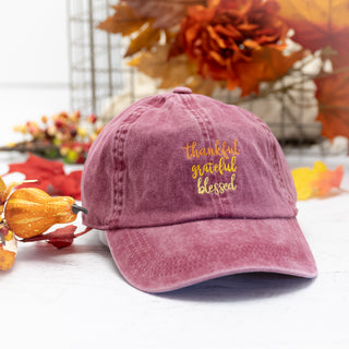 Thankful Grateful Blessed Embroidered Baseball Cap in Plum 