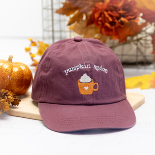 Embroidered Pumpkin Spice Latte Baseball Cap in Plum 