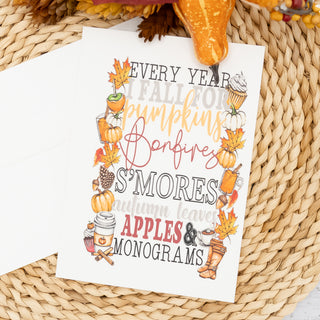 Fall Pumpkins, Bonfires, S'Mores Autumn Leaves Greeting Card 