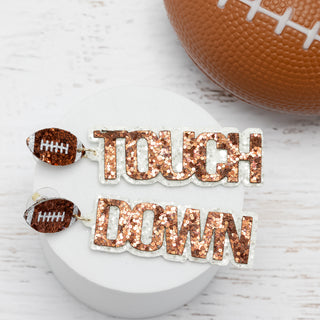 Football Touch Down Brown and White Sparkle Earrings - Bennett Avenue Boutique