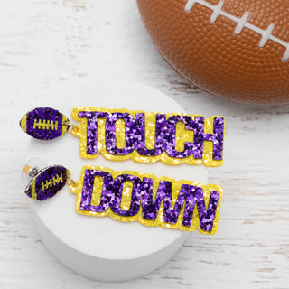 Football Touch Down Purple and Yellow Sparkle Earrings - Bennett Avenue Boutique
