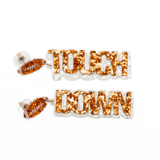 Football Touch Down Orange and White Sparkle Earrings - Bennett Avenue Boutique