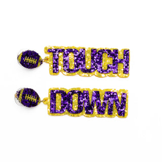 Football Touch Down Purple and Yellow Sparkle Earrings - Bennett Avenue Boutique