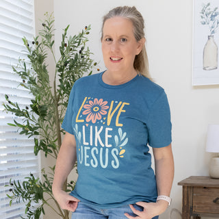 Love Like Jesus Floral Graphic Tee in Light Indigo Blue
