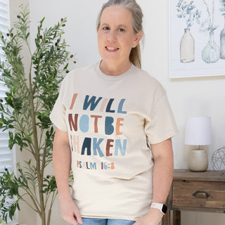 I Will Not Be Shaken Psalm 16:8 Graphic Tee in Sand