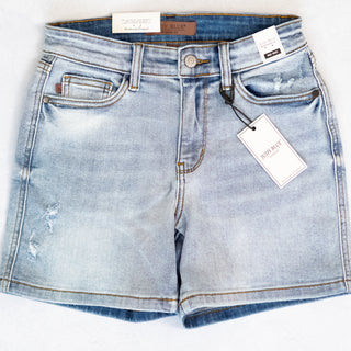 Judy Blue Light Distressed Denim Shorts with Mid Rise Waist - Bennett Avenue Boutique