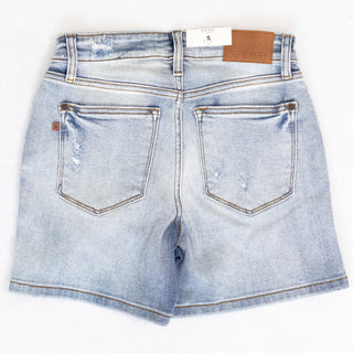 Judy Blue Light Distressed Denim Shorts with Mid Rise Waist - Bennett Avenue Boutique