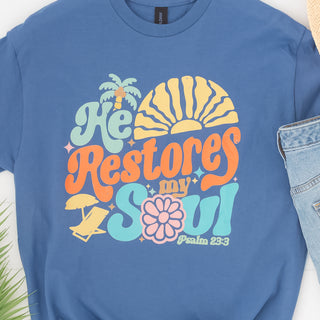 He Restores My Soul Psalm 32:3 Graphic Tee in Indigo - Bennett Avenue Boutique