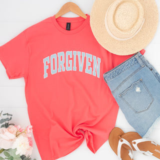 Forgiven in Collegiate Writing Candy Pink Graphic Tee - Bennett Avenue Boutique
