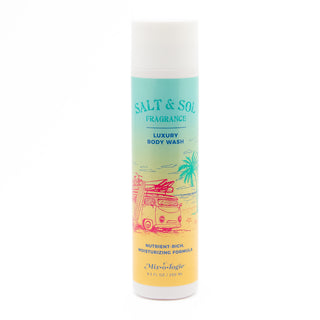 Mixologie Salt and Sol luxury body wash bottle with beach van and palm tree illustration