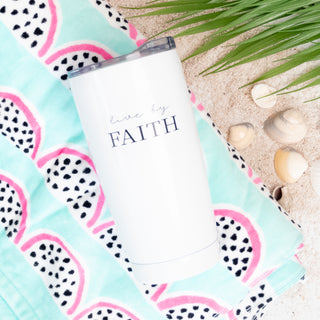Live by Faith 20 oz Travel Tumbler – White with Clear Lid - Bennett Avenue Boutique