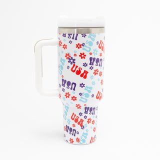 USA & Retro Flowers 40oz Stainless Steel Tumbler with Handle - Bennett Avenue Boutique