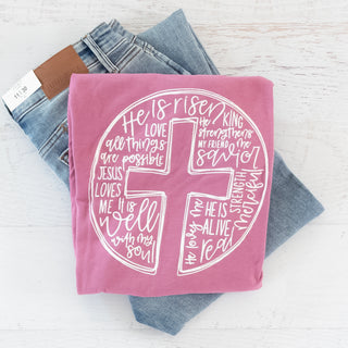 He is Risen Berry Graphic Tee with Cross – Faith-based Shirt - Bennett Avenue Boutique