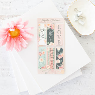 Vintage Floral Faith, Hope, Love Magnetic Bookmark Set for Your Books & Journals