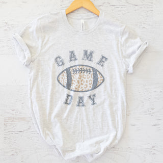 Game Day Leopard Football Graphic Tee in light grey with a leopard print football graphic