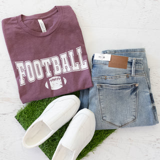 Game Day Tee Team Colors Maroon and White Graphic Tee, blue jeans, and white slip-on shoes